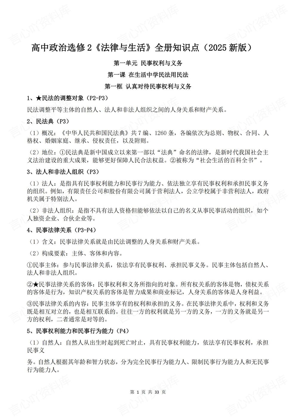 高中政治-选修二新版全册知识点总结《法律与生活》-言心吖资料库