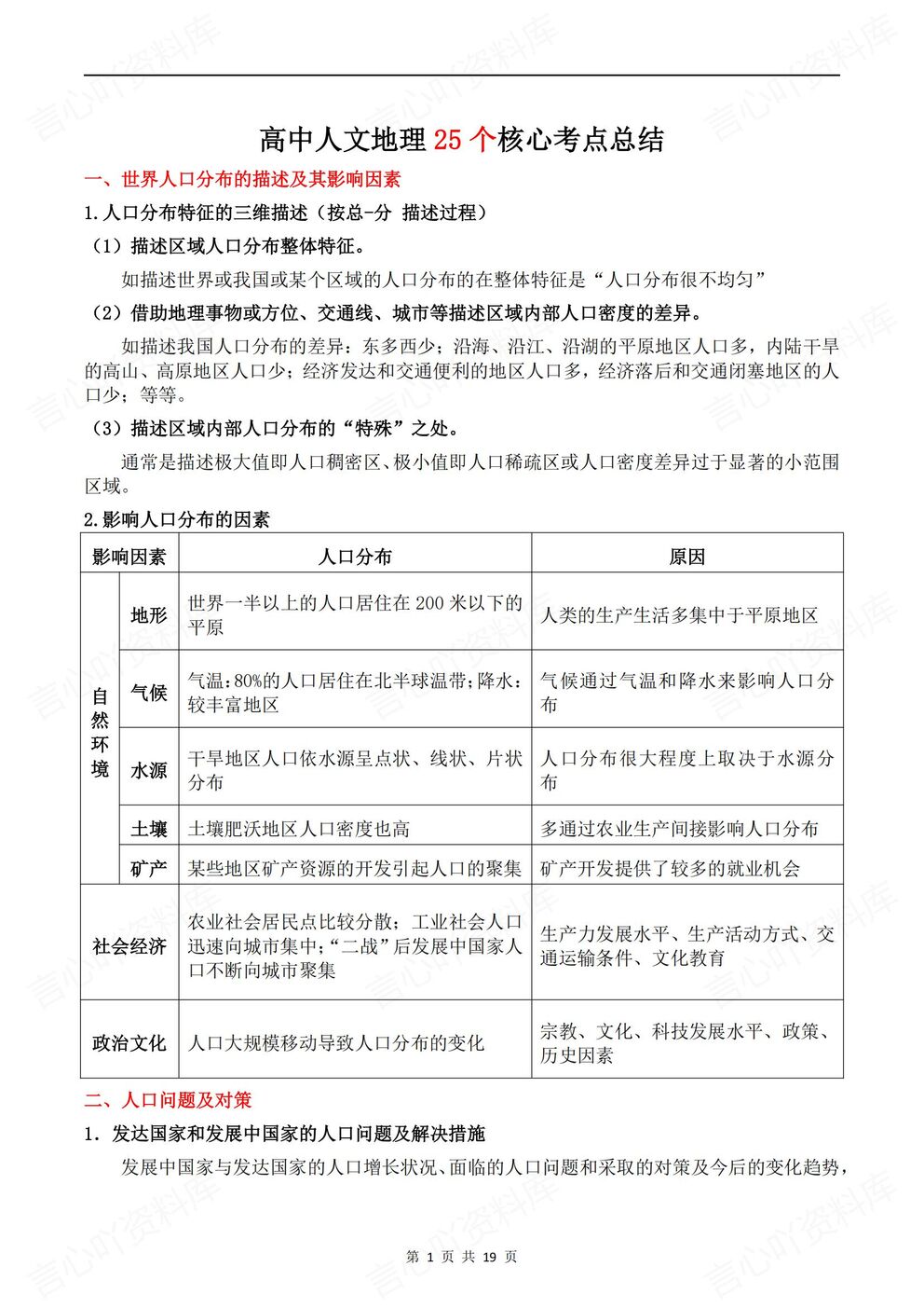 高中地理-人文地理25个考点总结梳理人文地理知识梳理-言心吖资料库