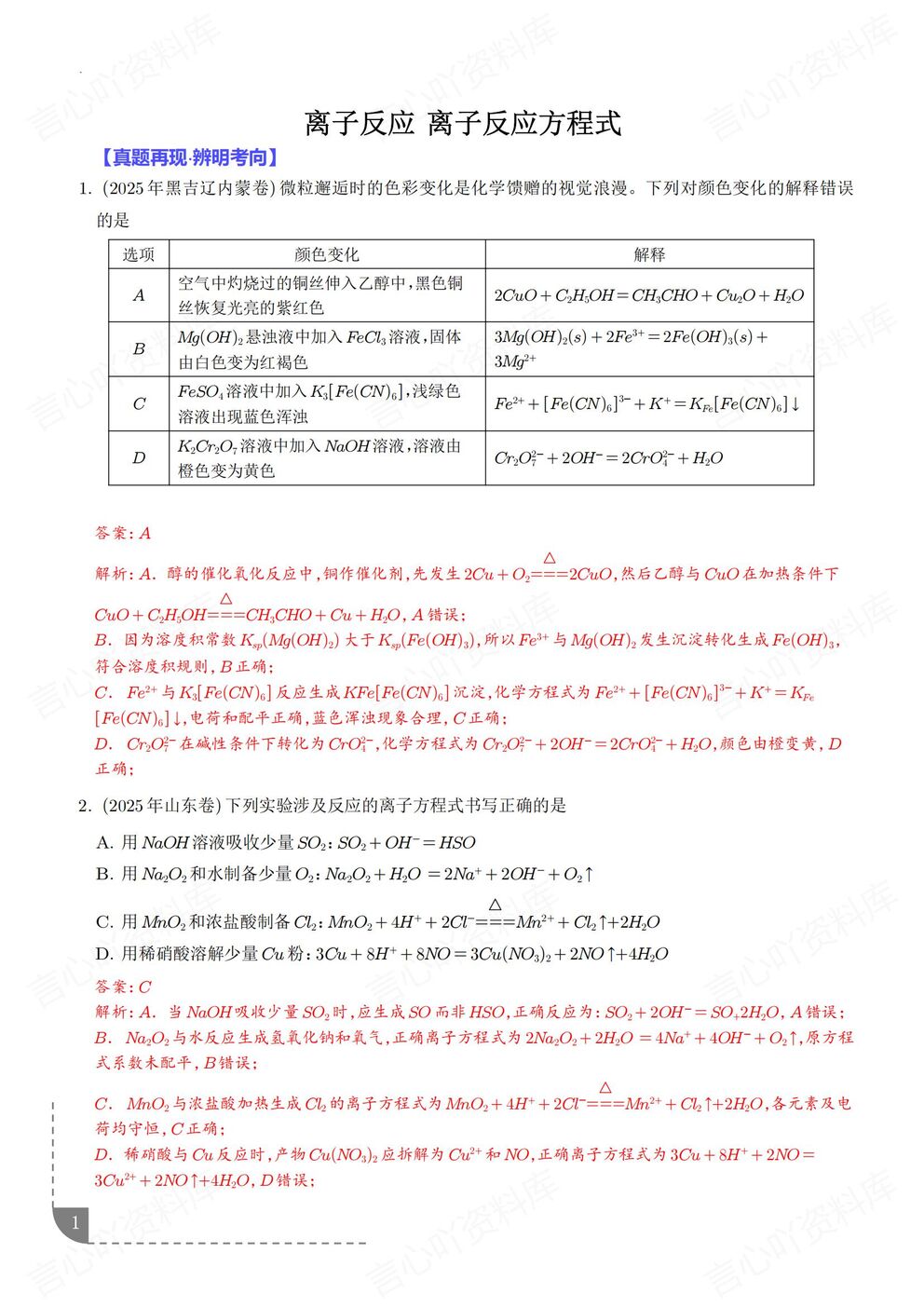 高中化学-离子反应离子反应/离子方程式高考真题模拟题专项练习含解析插图高中化学5