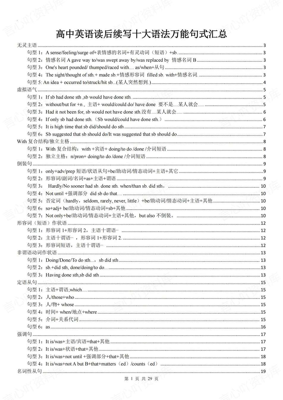 高中英语-读后续写10大语法万能句式句型汇总专题知识总结-言心吖资料库